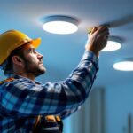 A photograph of a lighting contractor measuring and installing recessed lighting fixtures in a modern home