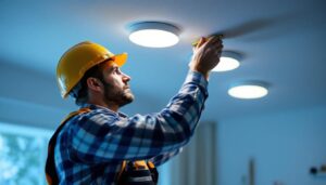 A photograph of a lighting contractor measuring and installing recessed lighting fixtures in a modern home