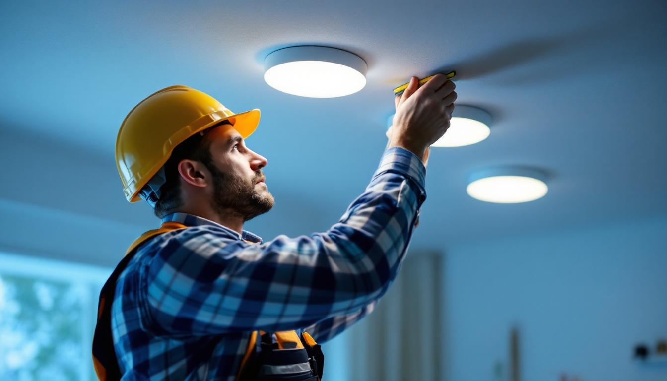 A photograph of a lighting contractor measuring and installing recessed lighting fixtures in a modern home