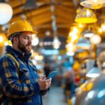 A photograph of a lighting contractor examining various lighting fixtures in a vibrant showroom during a clearance sale