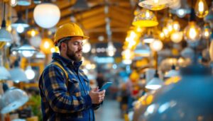 A photograph of a lighting contractor examining various lighting fixtures in a vibrant showroom during a clearance sale