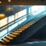 A photograph of a well-lit commercial stairwell showcasing modern lighting fixtures
