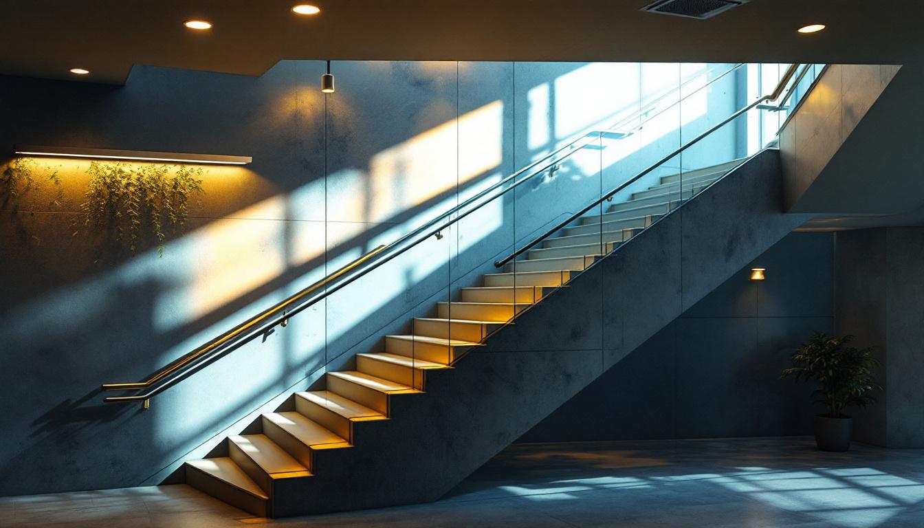 A photograph of a well-lit commercial stairwell showcasing modern lighting fixtures