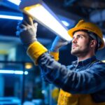 A photograph of a lighting contractor expertly installing t8 led fixtures in a modern workspace