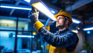 A photograph of a lighting contractor expertly installing t8 led fixtures in a modern workspace