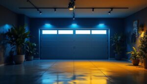 A photograph of a well-lit garage showcasing flush mount garage lights installed in an aesthetically pleasing manner