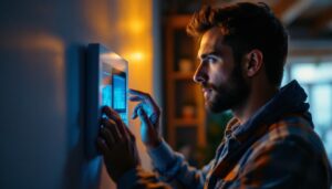 A photograph of a lighting contractor programming a modern timer switch in a well-lit room