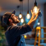 A photograph of a lighting contractor installing hanging can lights in a modern residential space