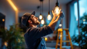 A photograph of a lighting contractor installing hanging can lights in a modern residential space