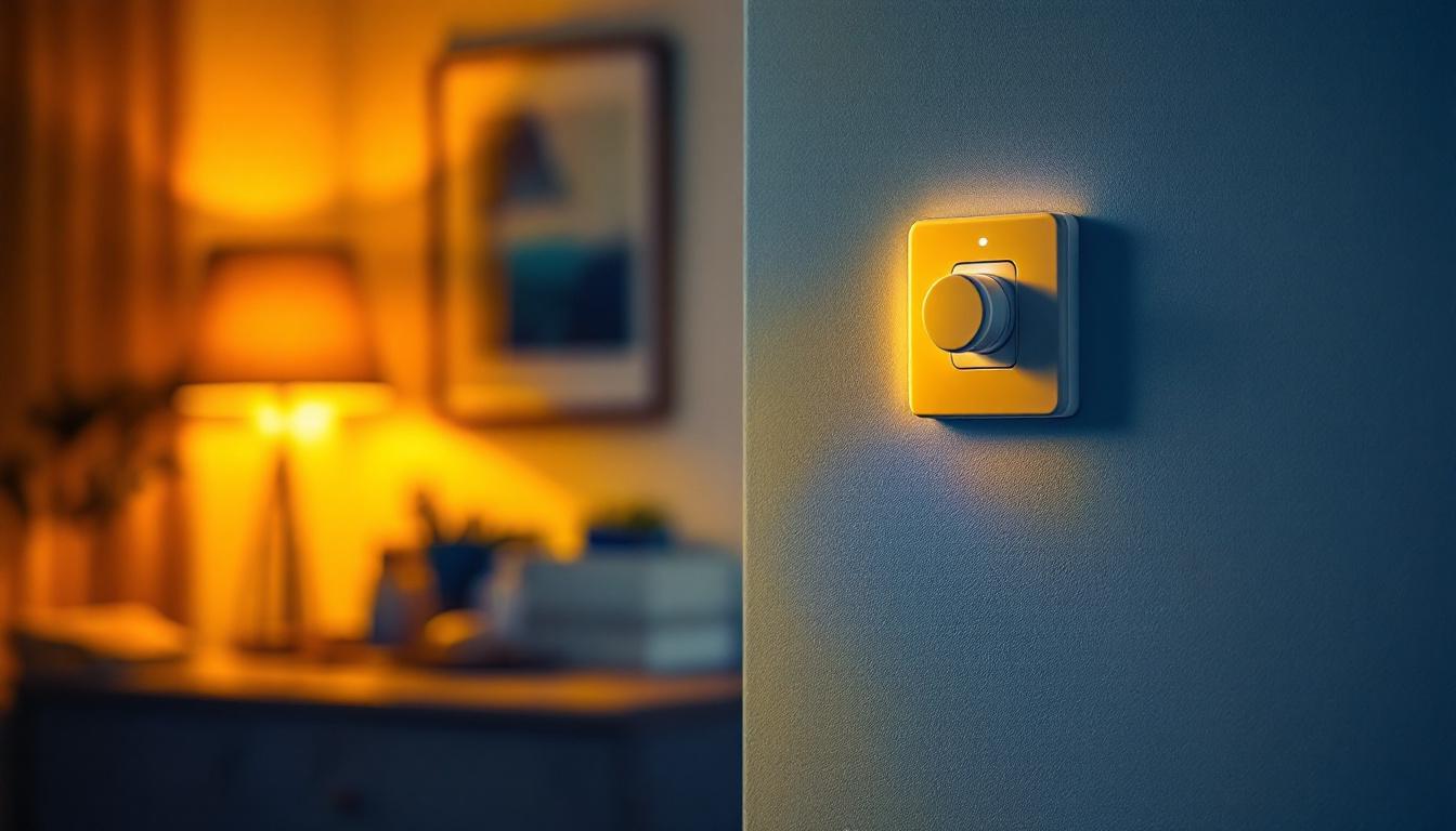 A photograph of an indoor setting featuring a stylish motion sensor light switch in action