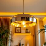 A photograph of a stylish silver ceiling lamp in a beautifully designed interior space