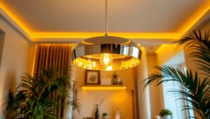 A photograph of a stylish silver ceiling lamp in a beautifully designed interior space
