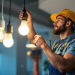 A photograph of a lighting contractor expertly installing high output led light bulbs in a modern residential or commercial space