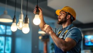 A photograph of a lighting contractor expertly installing high output led light bulbs in a modern residential or commercial space