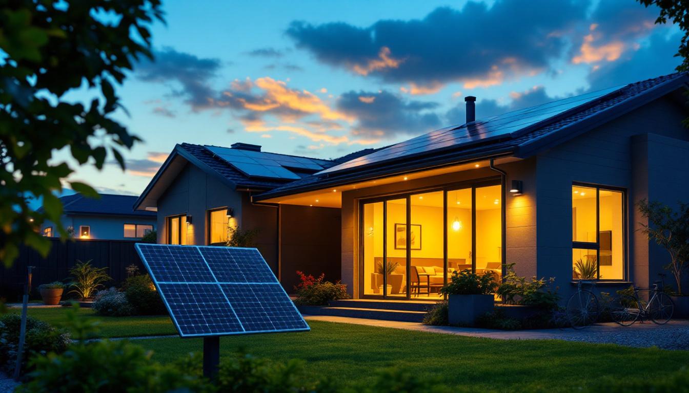 A photograph of a solar lighting installation in a residential or commercial setting