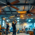 A photograph of a spacious workshop or retail environment showcasing large ceiling fans in action