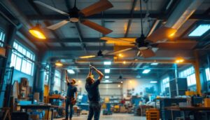 A photograph of a spacious workshop or retail environment showcasing large ceiling fans in action