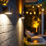 A photograph of a well-lit outdoor space showcasing stylishly installed exterior led can lights illuminating a patio or garden area
