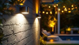 A photograph of a well-lit outdoor space showcasing stylishly installed exterior led can lights illuminating a patio or garden area