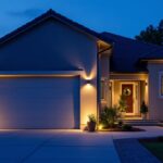 A photograph of a well-lit garage exterior showcasing various lighting solutions