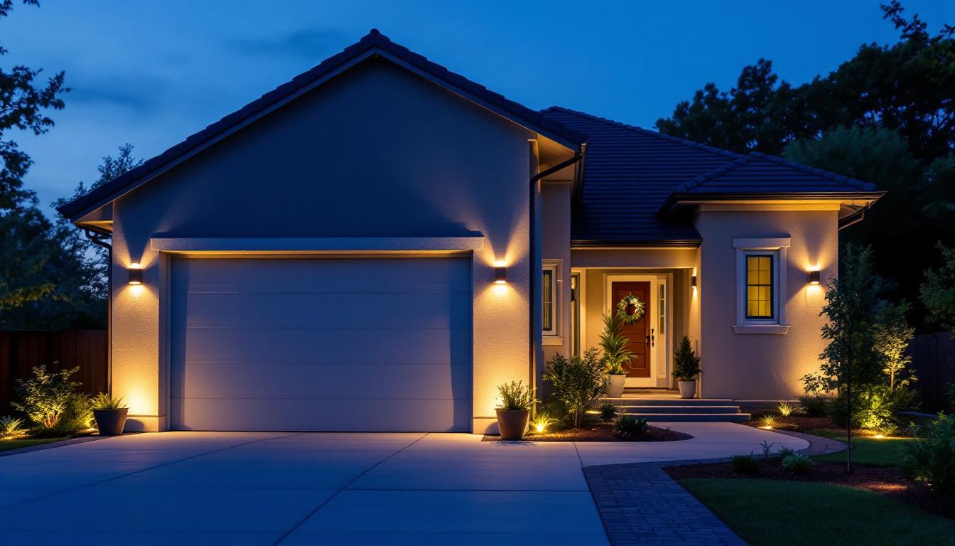 A photograph of a well-lit garage exterior showcasing various lighting solutions