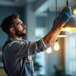 A photograph of a skilled lighting contractor expertly installing or adjusting pendant lights in a stylish residential or commercial space