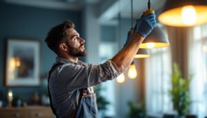 A photograph of a skilled lighting contractor expertly installing or adjusting pendant lights in a stylish residential or commercial space