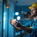 A photograph of a lighting contractor in action