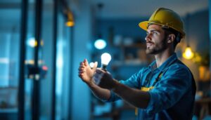 A photograph of a lighting contractor in action