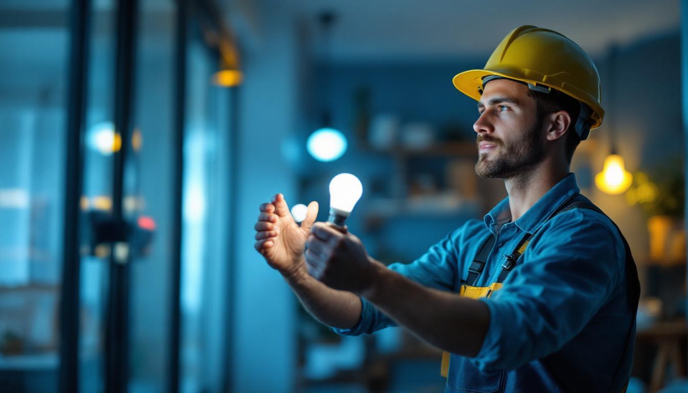 A photograph of a lighting contractor in action
