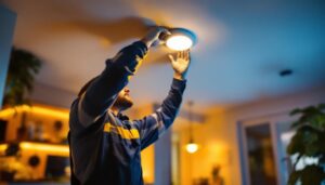 A photograph of a lighting contractor skillfully installing a recessed can led retrofit in a modern home