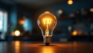 A photograph of a 25-watt type g bulb illuminated in a cozy