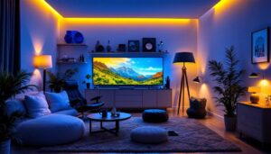 A photograph of a stylish and well-lit game room featuring a variety of unique lamps