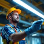 A photograph of a lighting contractor installing t5 fluorescent bulbs in a commercial setting