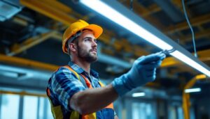A photograph of a lighting contractor installing t5 fluorescent bulbs in a commercial setting