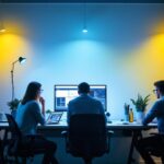 A photograph of a well-lit workspace showcasing the icf 2s26 h1 ld lighting system in action