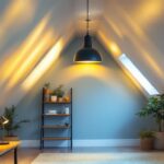 A photograph of a well-lit attic space showcasing various types of lighting fixtures