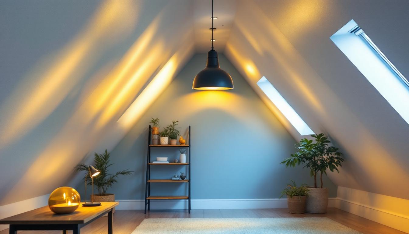 A photograph of a well-lit attic space showcasing various types of lighting fixtures