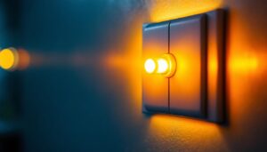 A photograph of a close-up shot of a light push switch being actively pressed