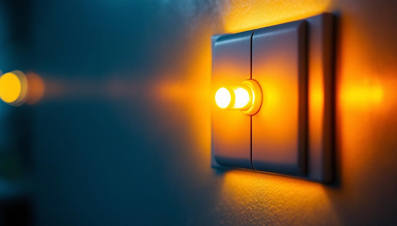 A photograph of a close-up shot of a light push switch being actively pressed