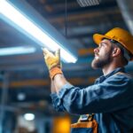 A photograph of a lighting contractor installing a two lamp fluorescent fixture in a commercial setting