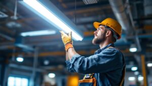 A photograph of a lighting contractor installing a two lamp fluorescent fixture in a commercial setting