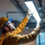 A photograph of a skilled lighting contractor expertly installing or adjusting a sleek 4 ft led light fixture in a modern commercial or residential setting