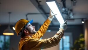 A photograph of a skilled lighting contractor expertly installing or adjusting a sleek 4 ft led light fixture in a modern commercial or residential setting