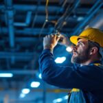 A photograph of a lighting contractor inspecting a grid lighting installation in a commercial space