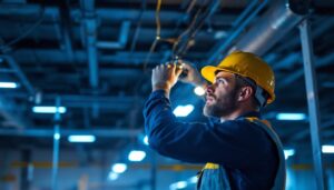 A photograph of a lighting contractor inspecting a grid lighting installation in a commercial space