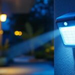 A photograph of a well-lit outdoor setting showcasing a security light with a motion sensor activated