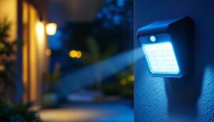A photograph of a well-lit outdoor setting showcasing a security light with a motion sensor activated