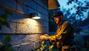 A photograph of a lighting contractor installing outdoor led motion lights in a residential setting