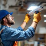 A photograph of a lighting contractor expertly installing a 4-foot light fixture in a well-lit workspace